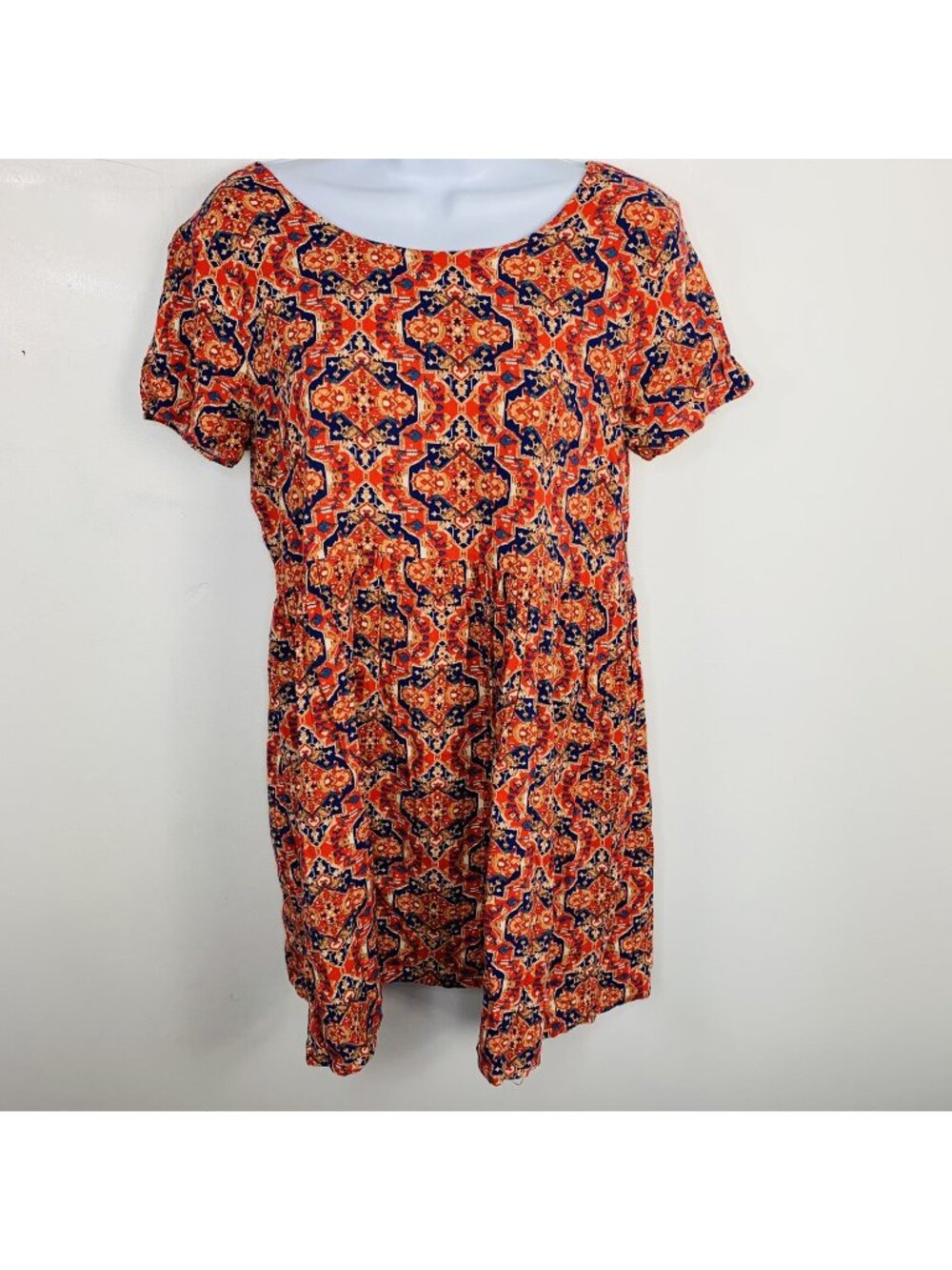 Forever 21 Dress Sz S Red Blue Medallion Criss Cross Back Y2K Boho Indie AV20